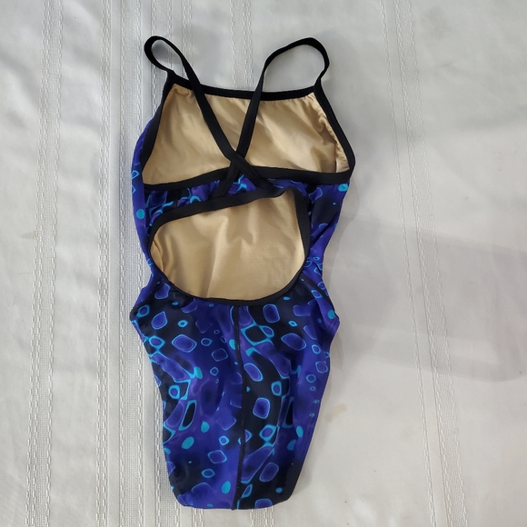 VTG Speedo Girls 1 Piece Purple Blue Abstract Geometric Pickaboo Back Swimsuit - Picture 6 of 9